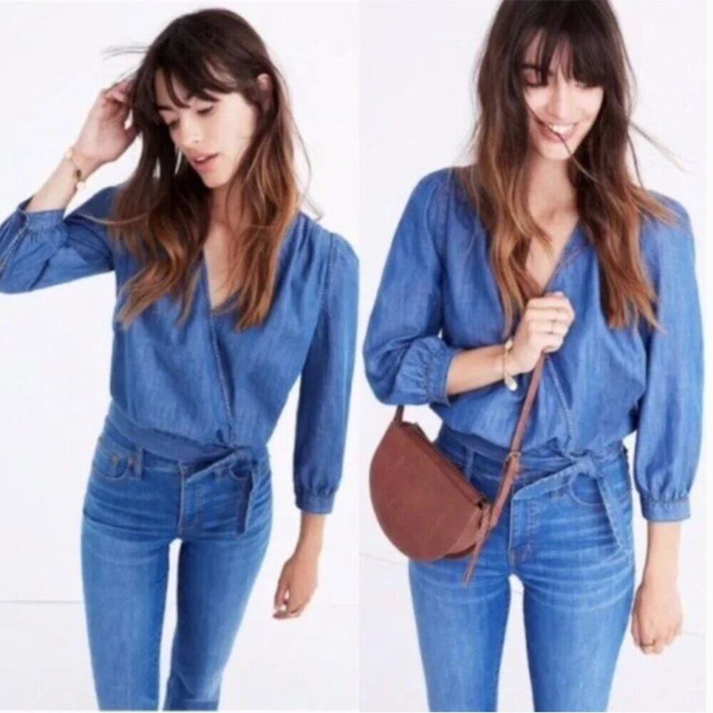 Madewell Chambray Denim Wrap Top Blouse